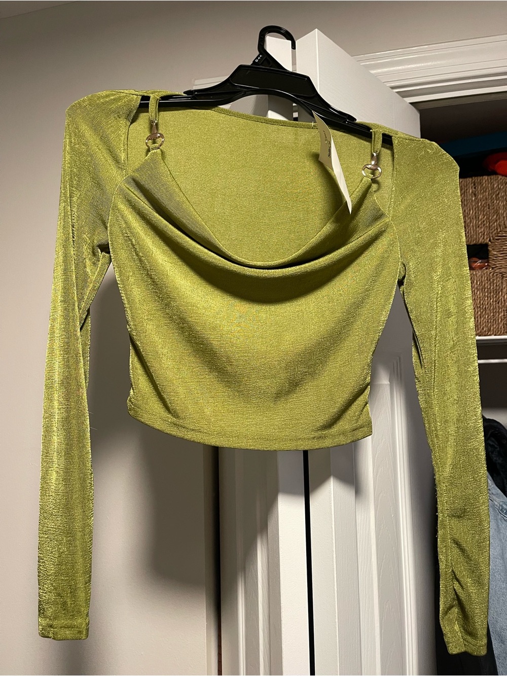 Olive Green Long Sleeve Cowl Neck Crop Top